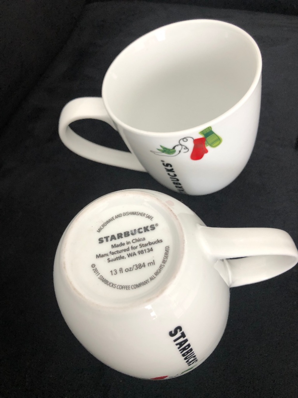 Vintage 2011 Starbucks Holiday Coffee Mugs Set of 2 - Dove & Mittens 13oz